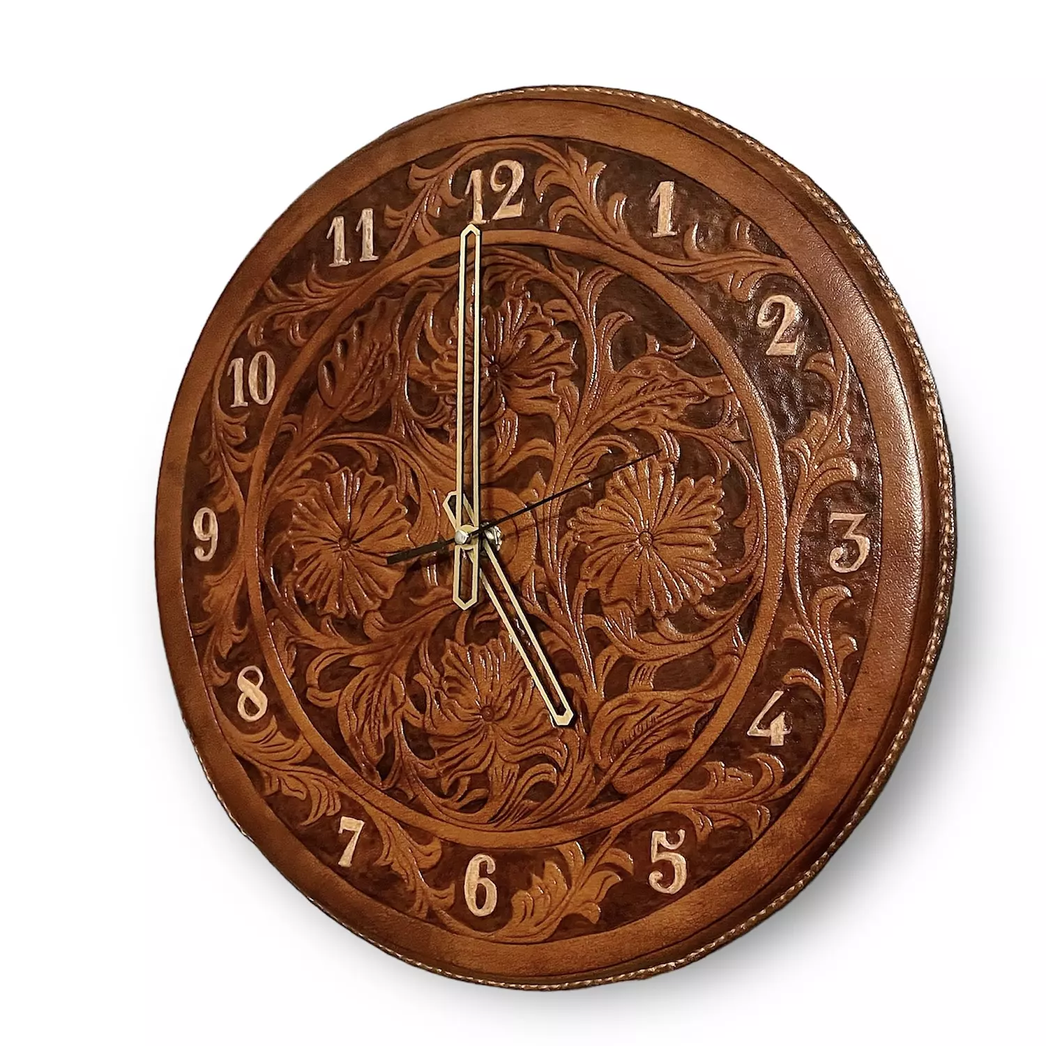 Tooled floral leather wall clock with numbers 3