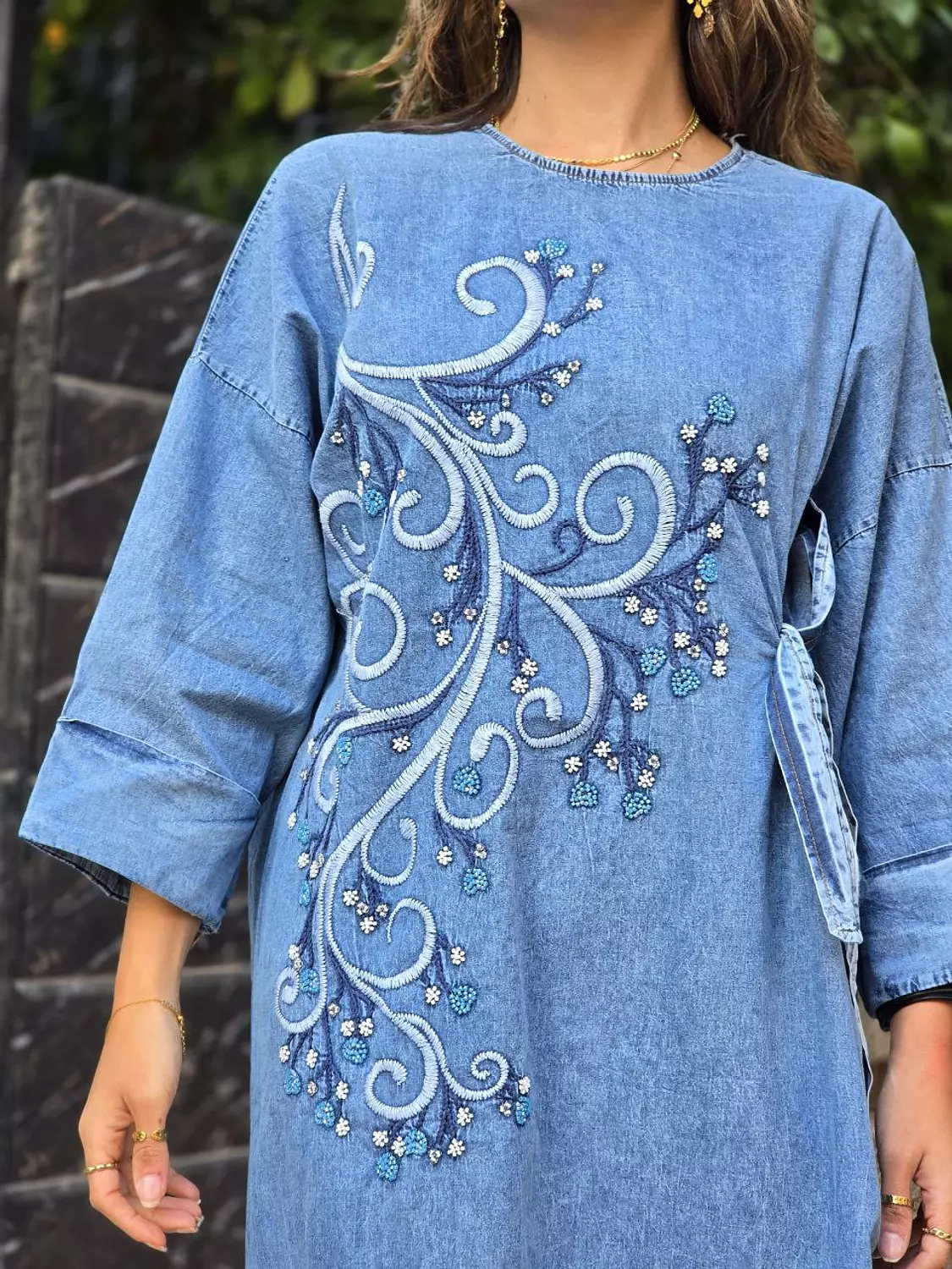 Blue Floral sequin embroidered denim dress with side tie 2