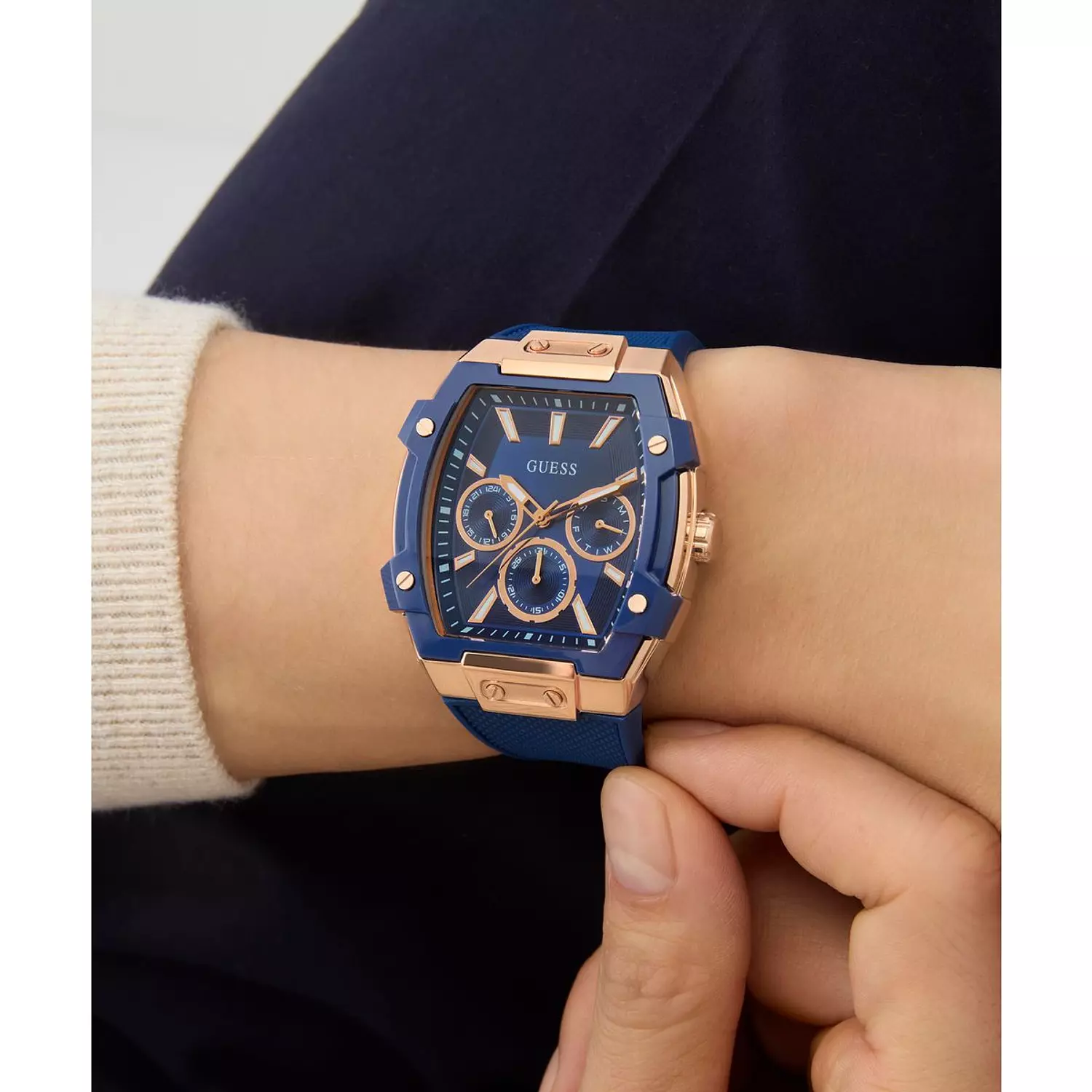 GUESS Mens Blue Rose Gold Tone Multi-function Watch Blue Silicone Strap GW0956G4 8