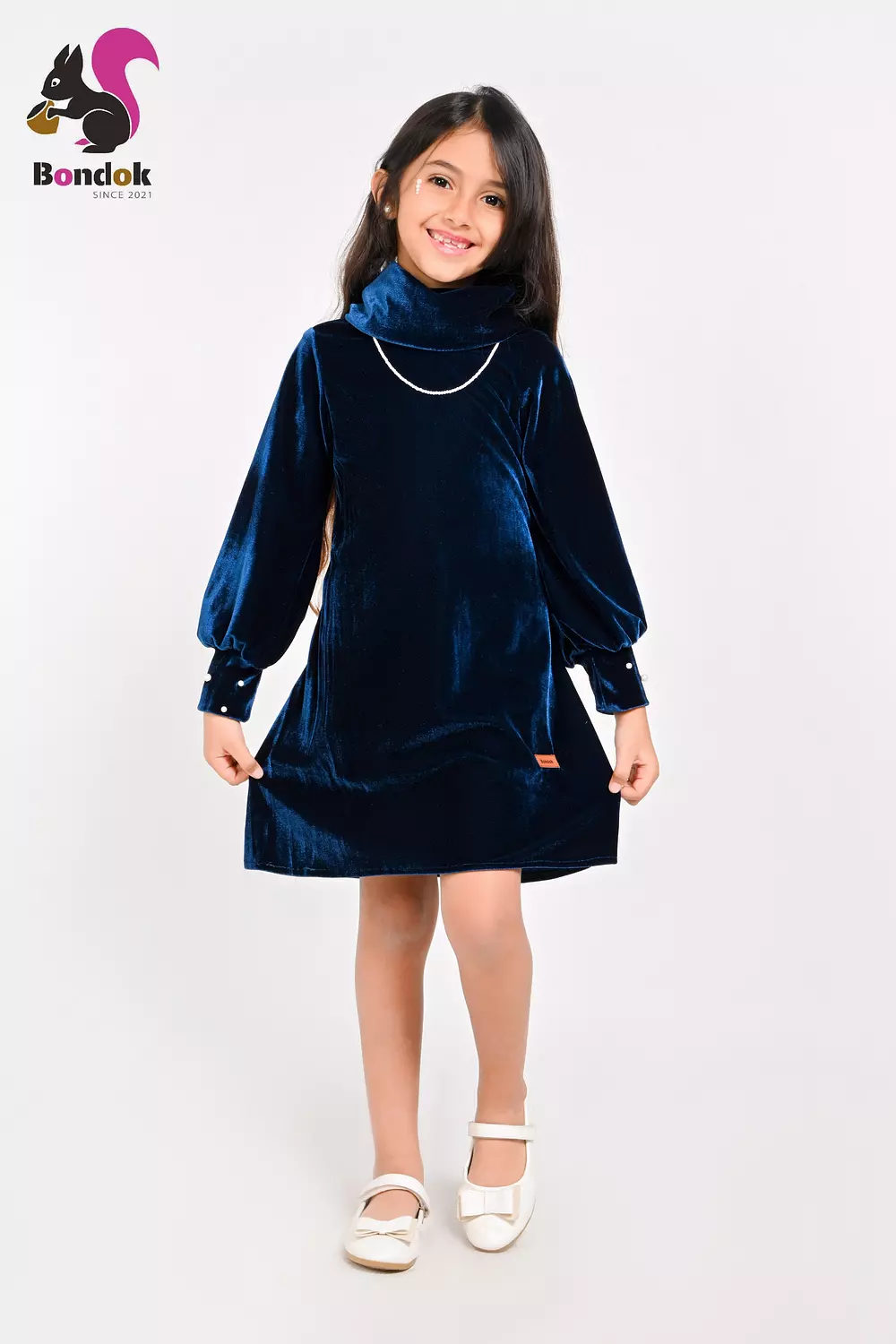 Pearl Slim Dress for Girls, Velvet Long Sleeve (RED, BLACK, EMERALD GREEN, NAVY BLUE AND DEEP FUCHSIA) 12