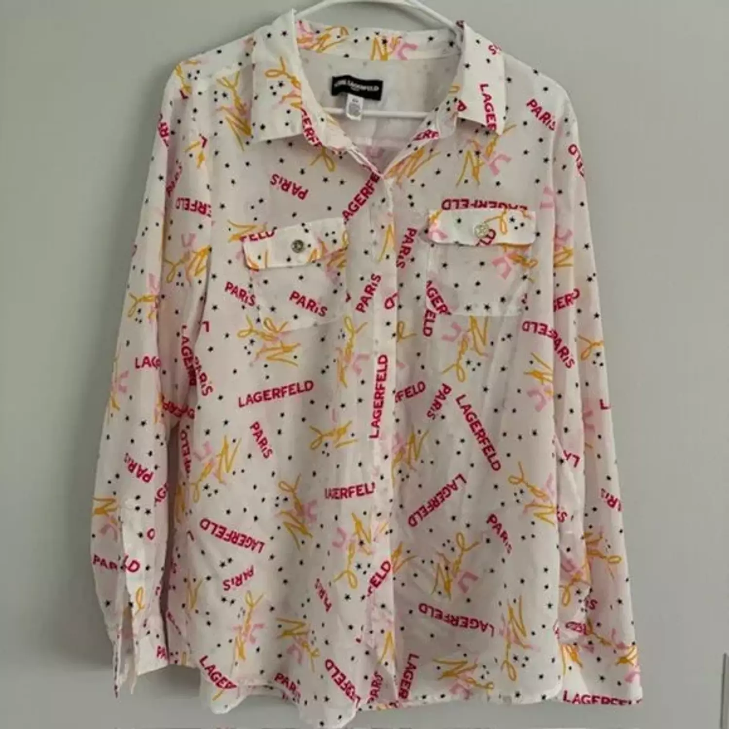 Karl Lagerfeld Paris Women’s Printed Shirt – White with Pink & Yellow Motif image
