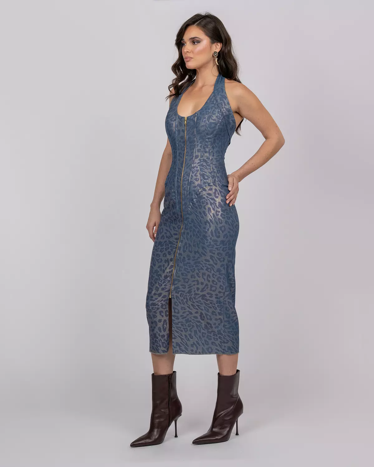 Cotton Denim-Effect Midi Dress with Camouflage Leopard Shimmer hover image