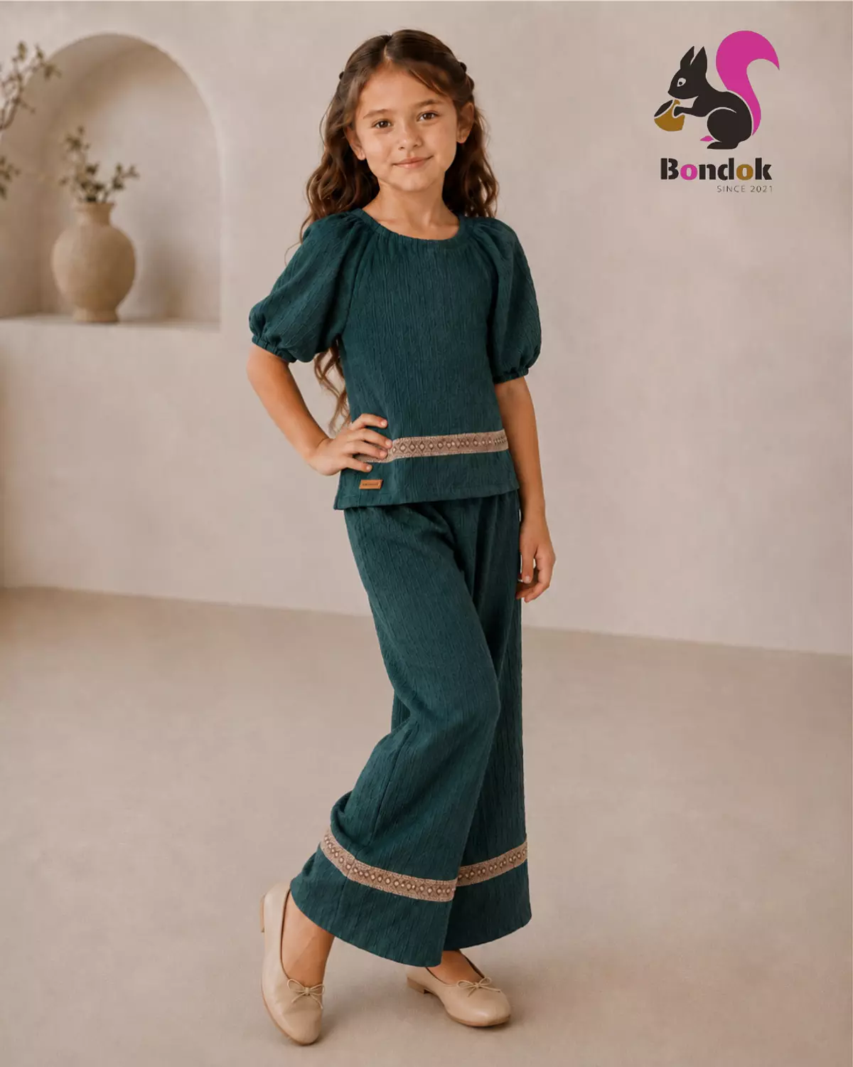 Wonder trim Set Girls' Puff Sleeve Top and Wide-Leg Trouser Set 5