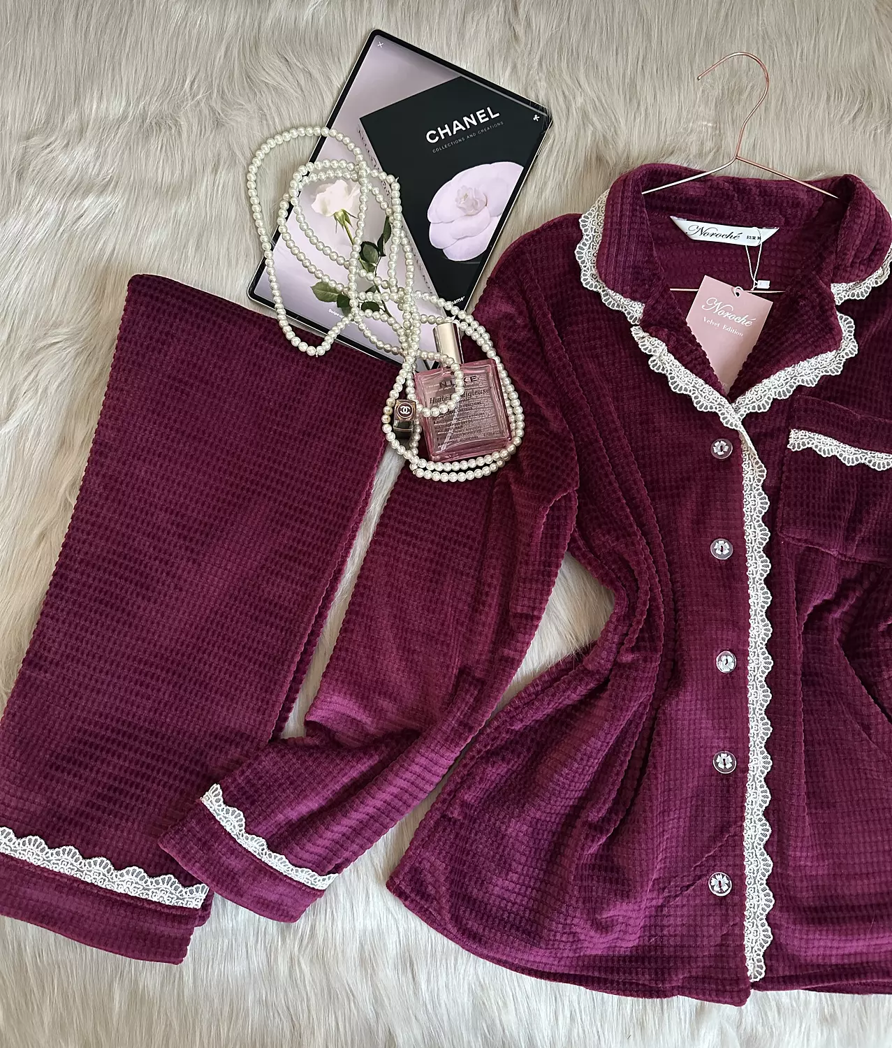 Velvet Burgundy Waffle Jacquard Pajamas 6