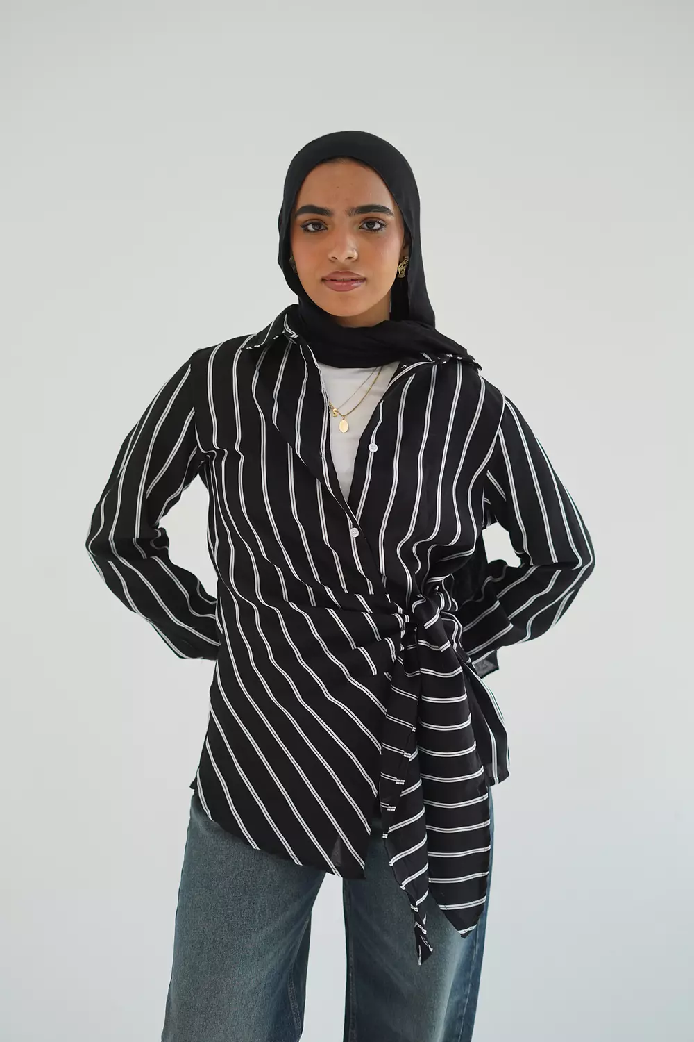 Black long striped shirt with side tie 3
