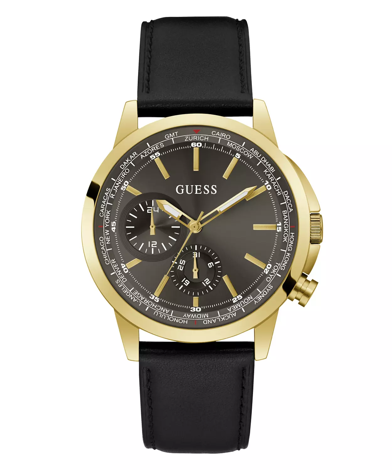 GUESS GW0540G1 ANALOG WATCH For Men Round Shape BlackGenuine Leather Smooth Strap
