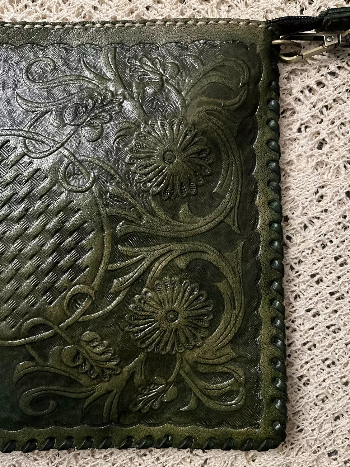 Floral basket tooled leather clutch 9