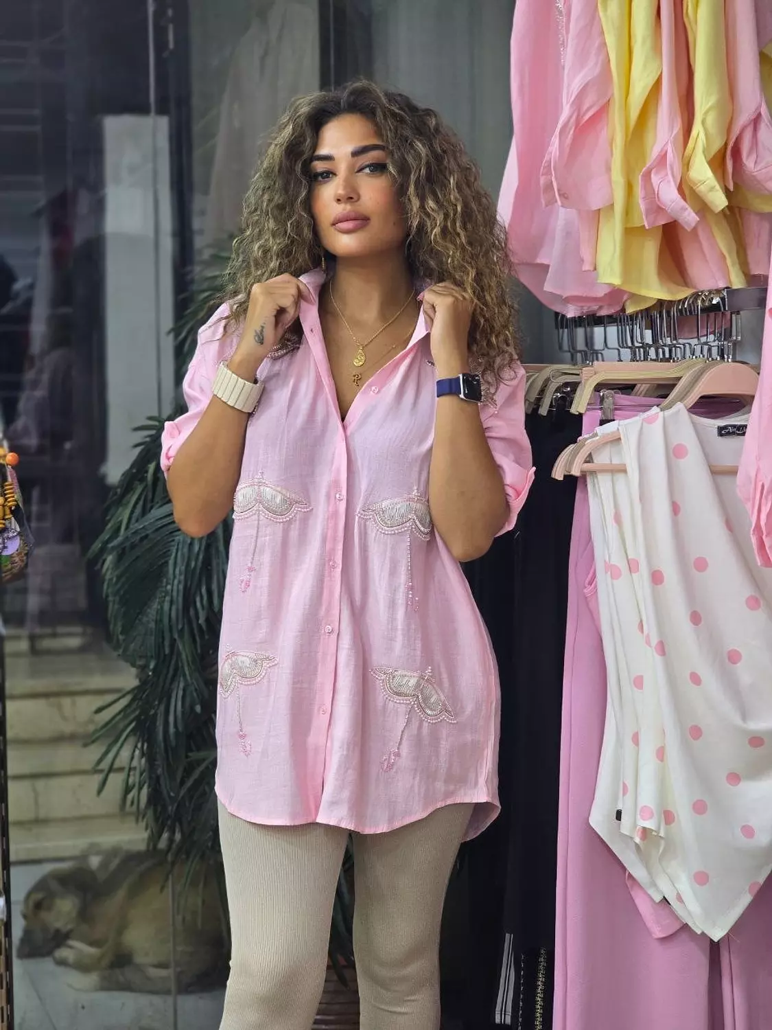 Pink umbrella embroidered linen shirt 🌂  hover image