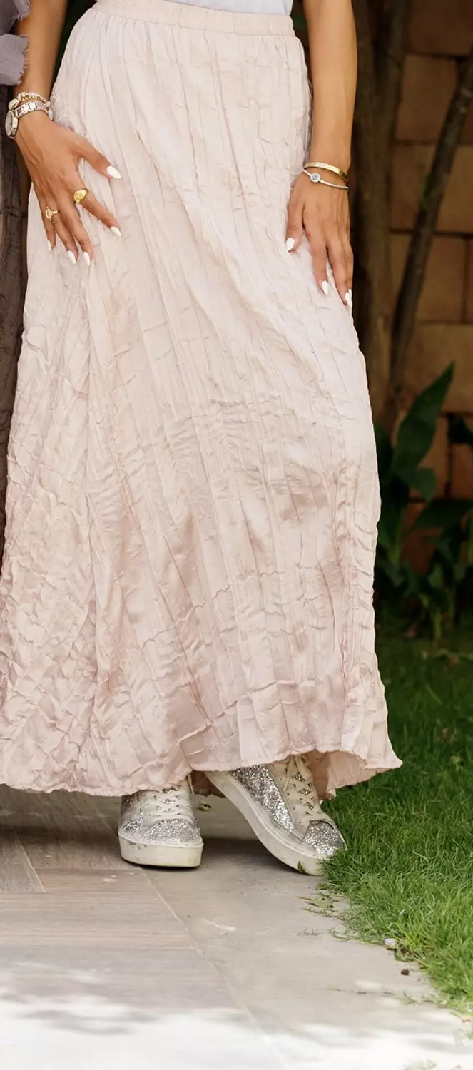 Powder pink crushed maxi satin skirt hover image