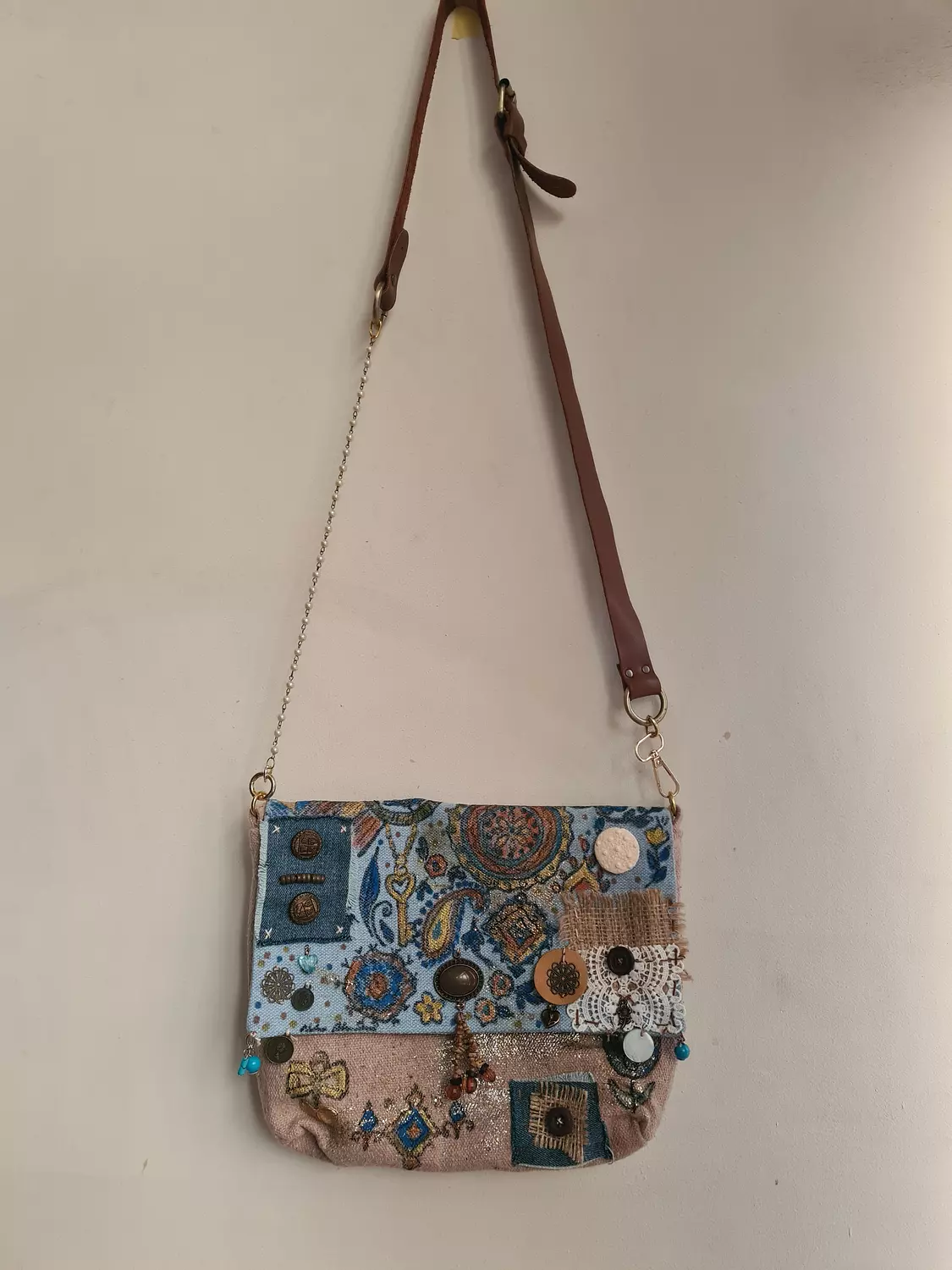 Mixed media fabric bag with genuine leather long strap 4