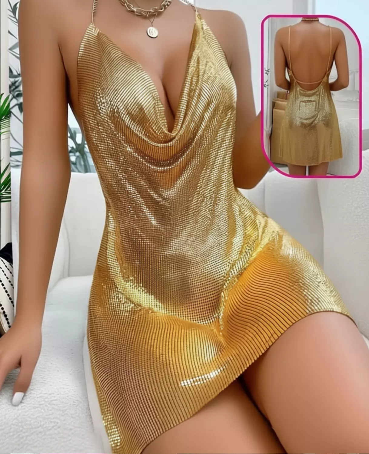 Metallic Cowl Neck Mini Dress 3