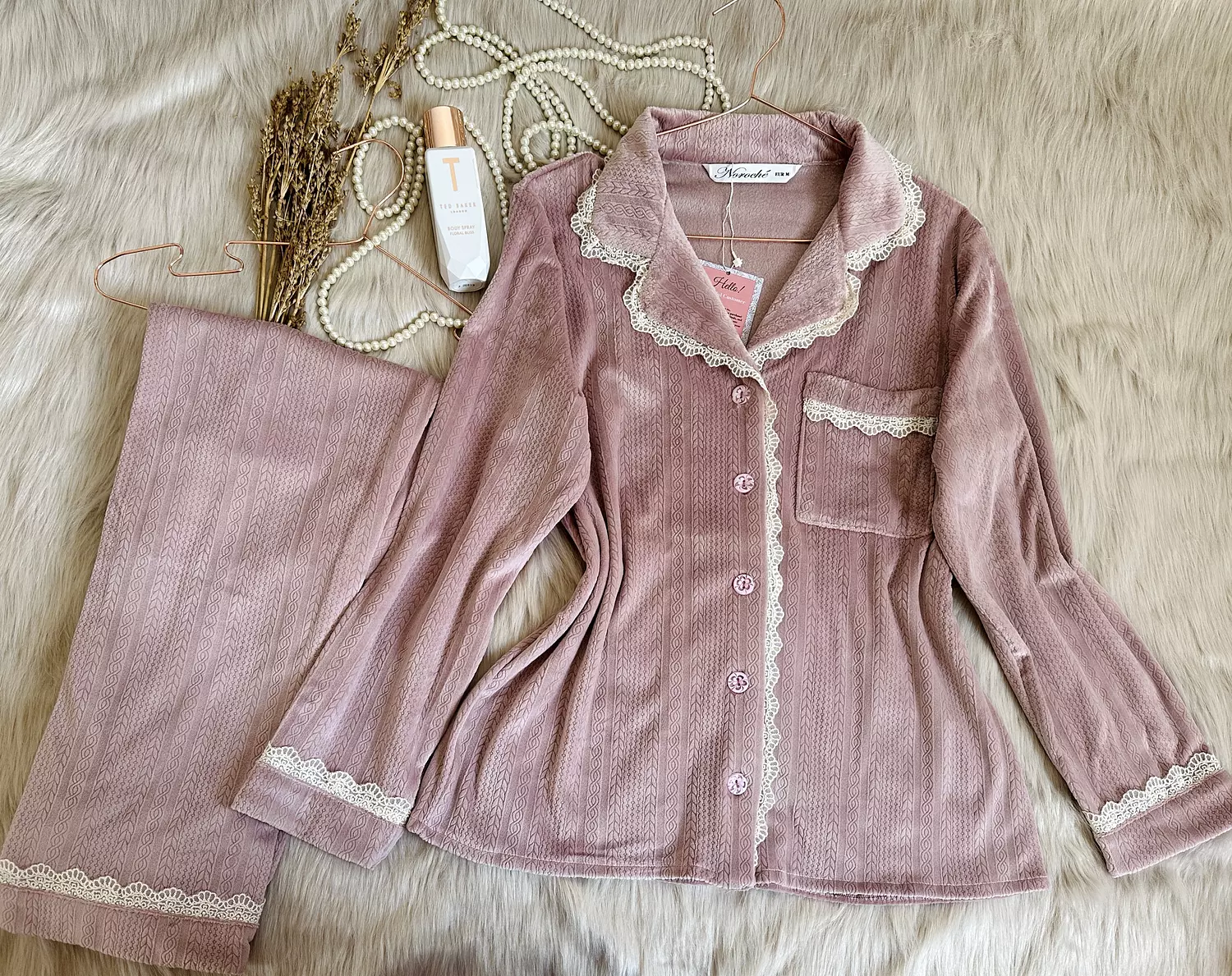 Dusty Rose Lace Velvet Pajamas 2