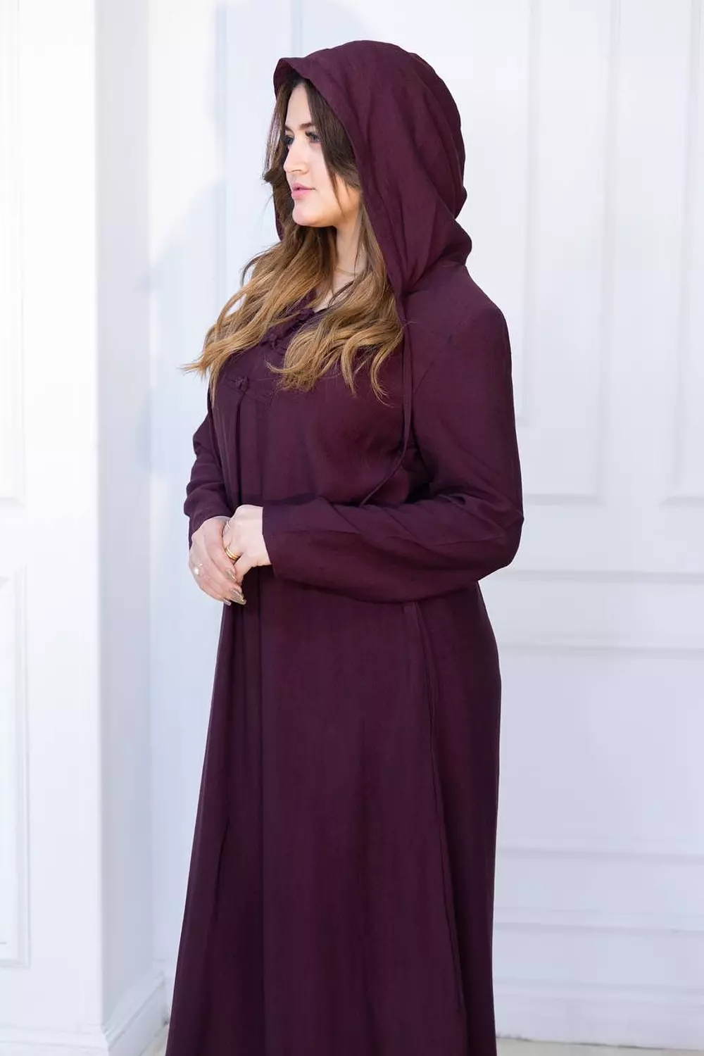 Hooded Linen Kaftan Dress - Purple hover image