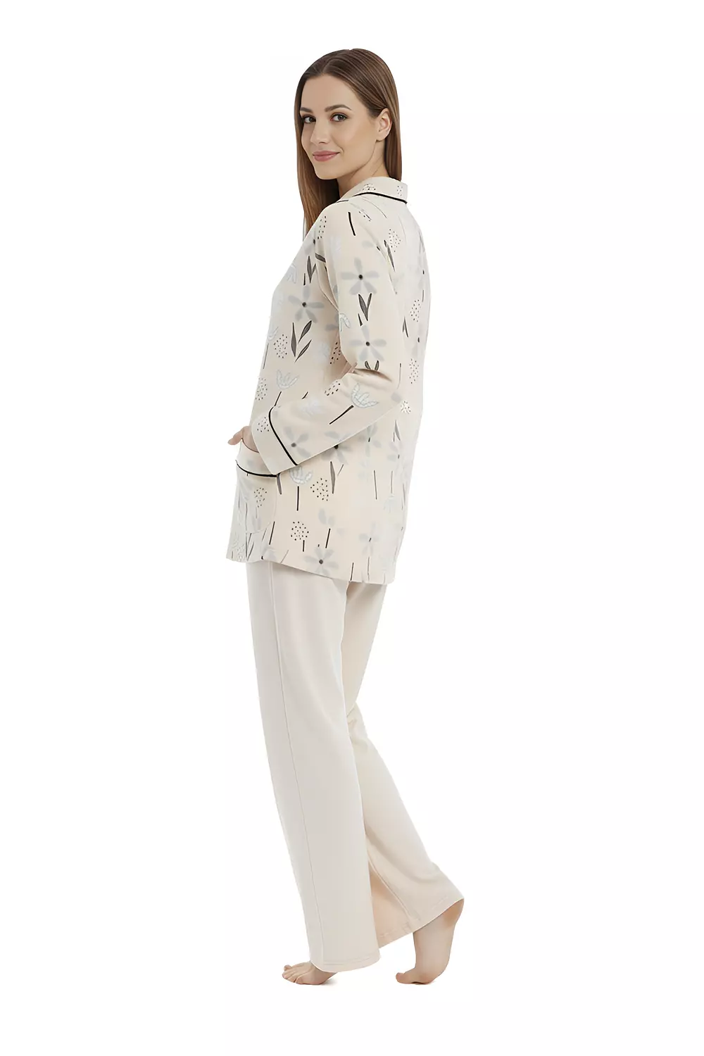 Women Classic Fleece PJ - 2707 - Flowers - Light Beige 3
