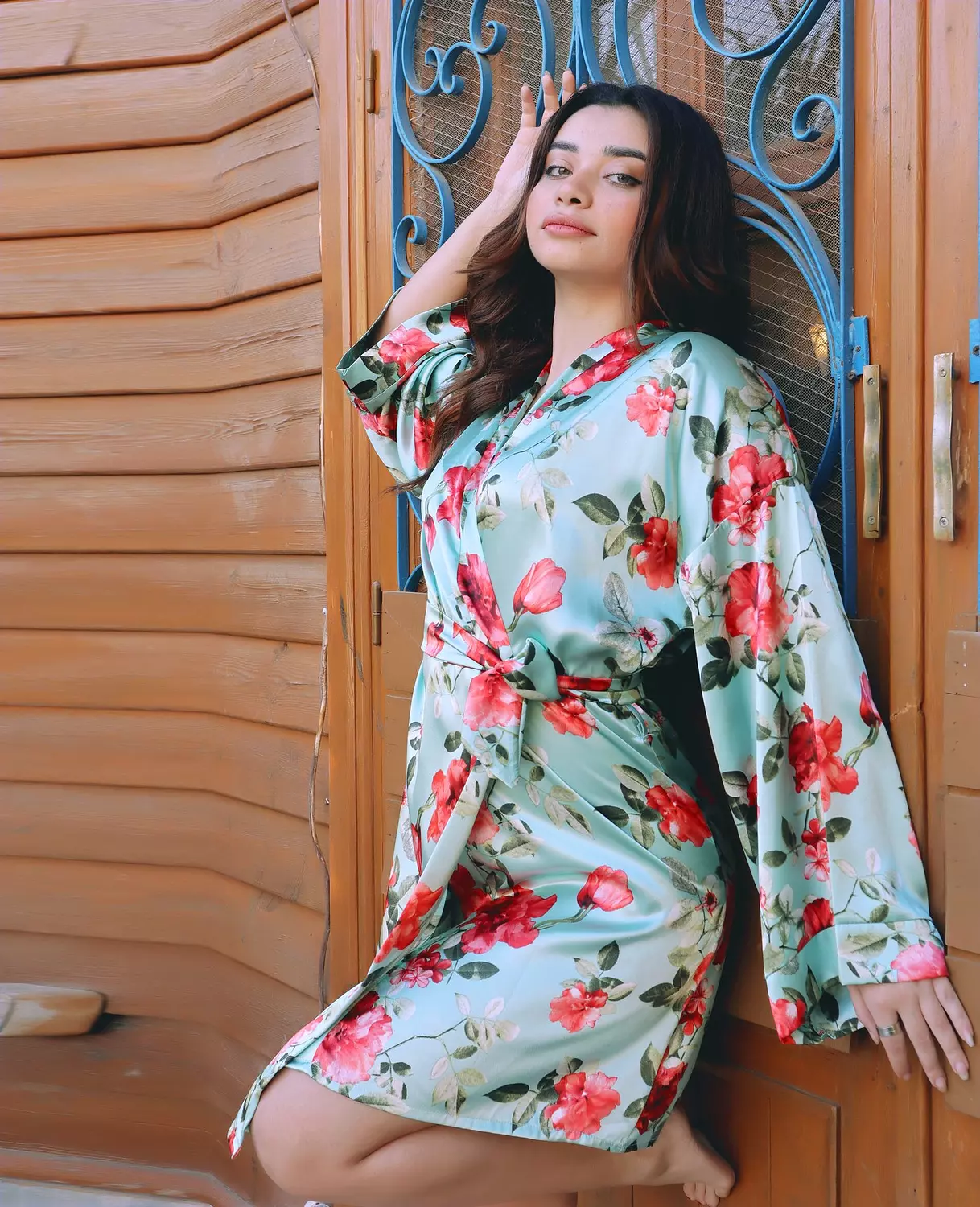 Red Rose Print Satin Kimono Robe image