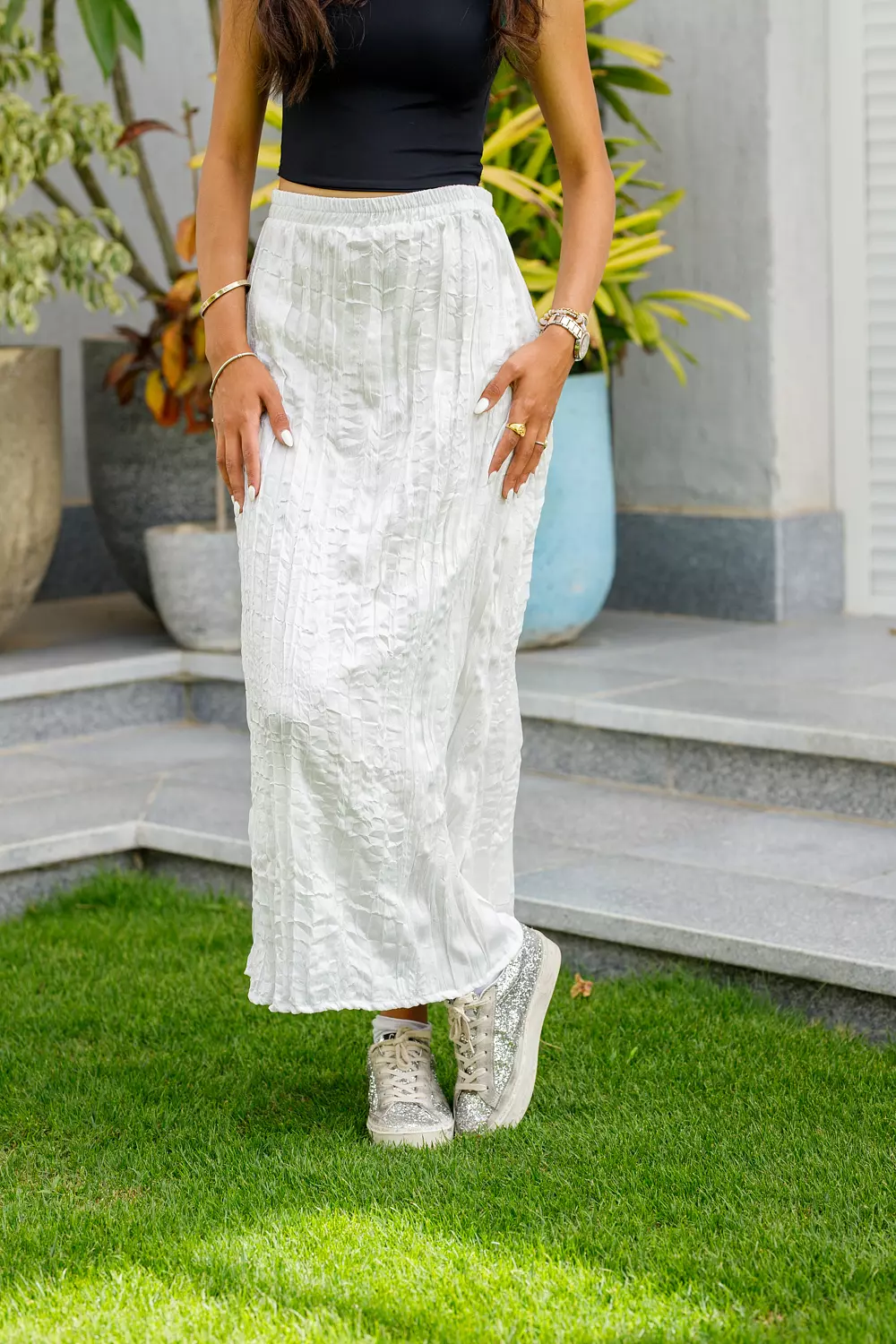 White crushed maxi satin skirt  hover image