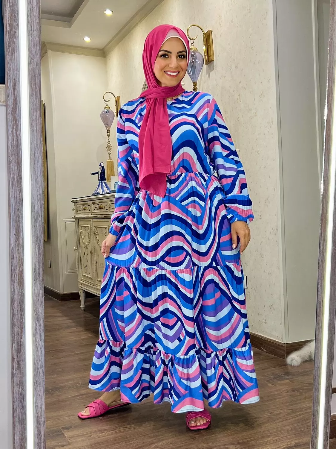 Long Sleeve Waisted  Dress -   Fuchsia & Blue