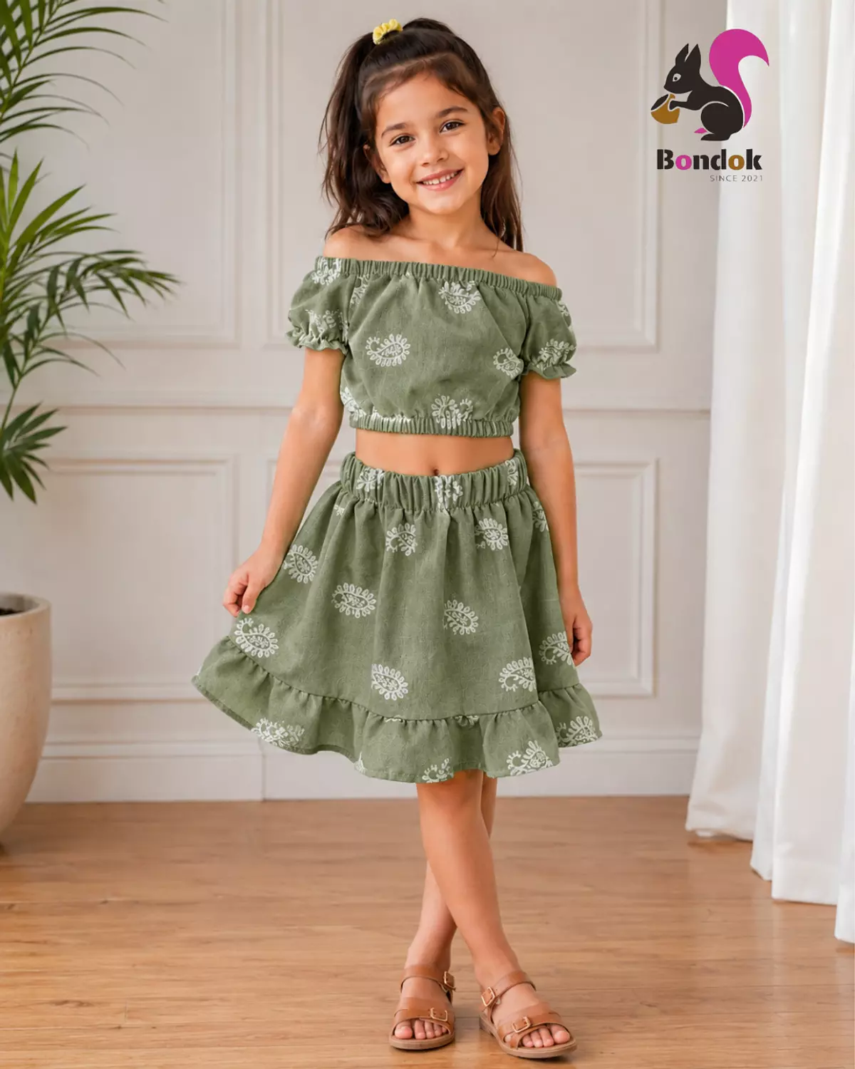 Girls’ Paisley Print Off-Shoulder Top and Ruffle Skirt Set 2