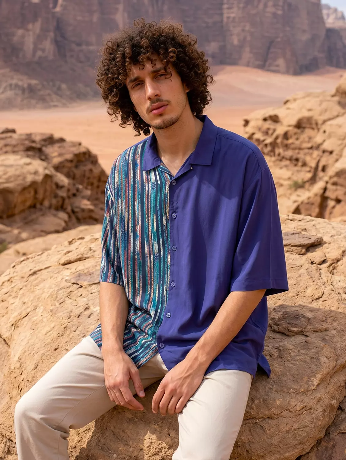 Navy Blue Parti-Colored Loosefit Viscose Shirt image