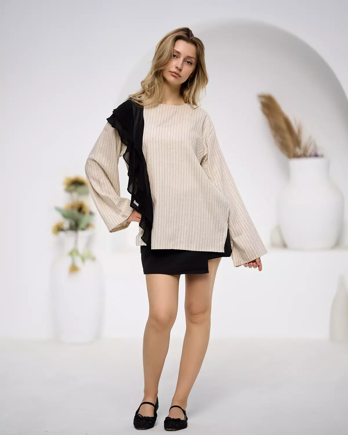 Linen blouse * chiffon ruffle  5