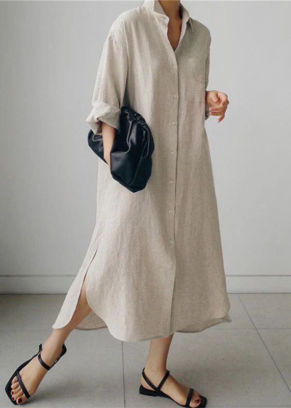Elegant Long-sleeved linen shirt dress  2
