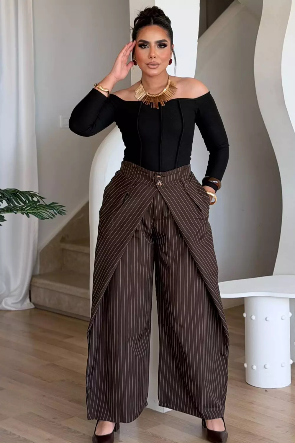 Pinstripe Extra Wide-Leg Trousers with Draped Front 11