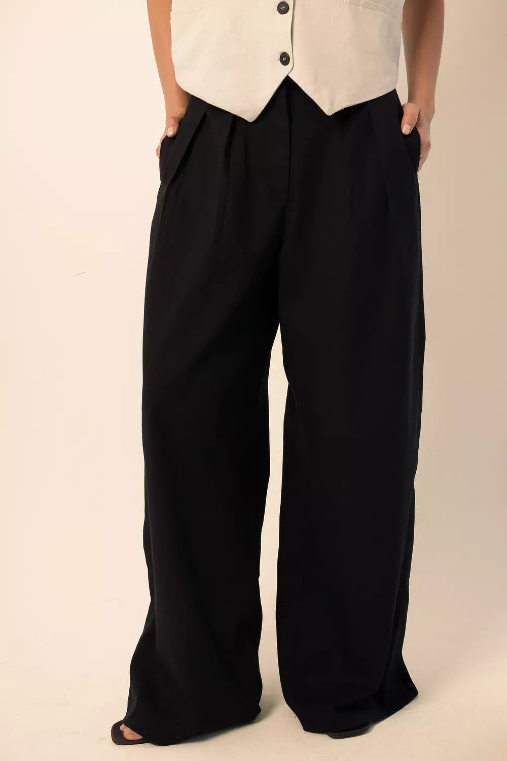 Linen Blend Darted Trousers - Black 4