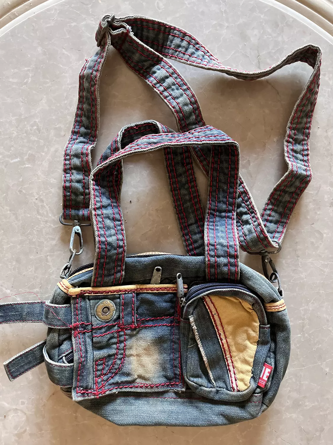 Denim diesel bag with pink stitching 3
