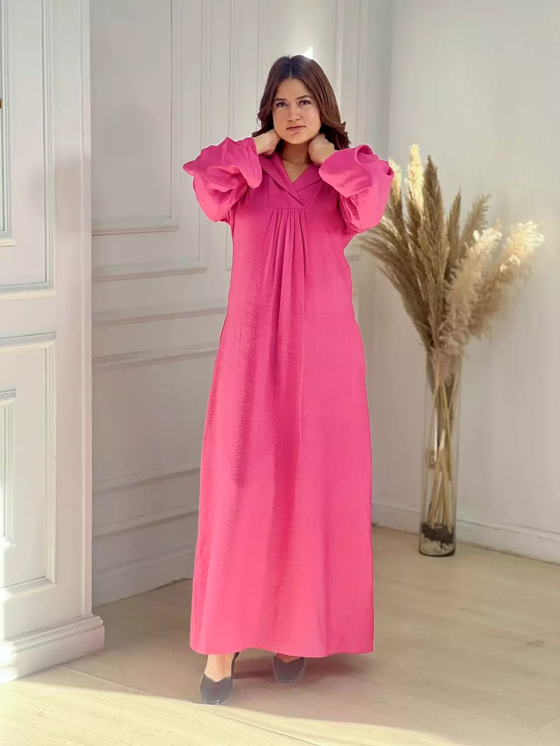 Hooded Linen Kaftan Dress - Pink image