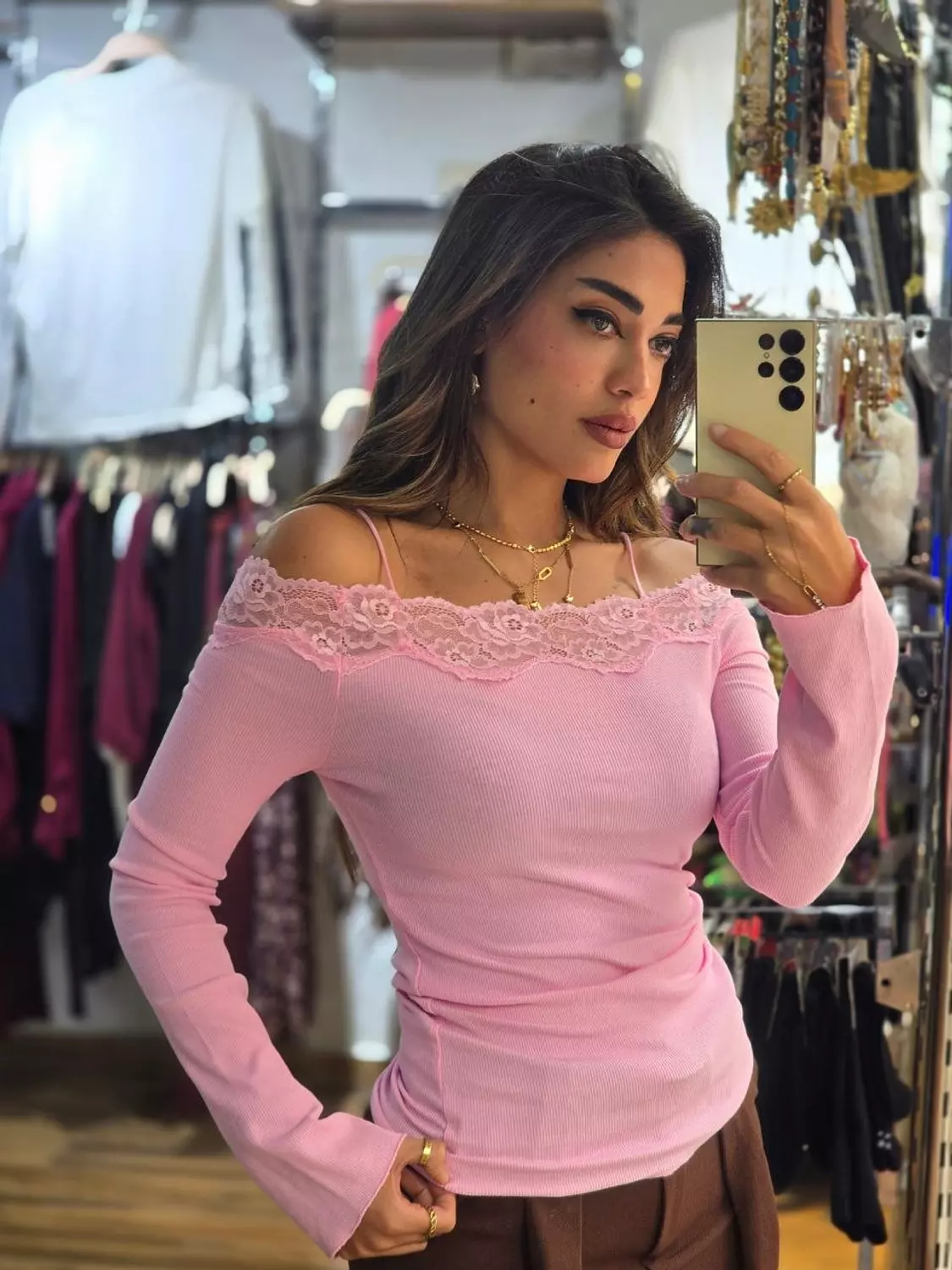 Pink off-shoulder lace top image