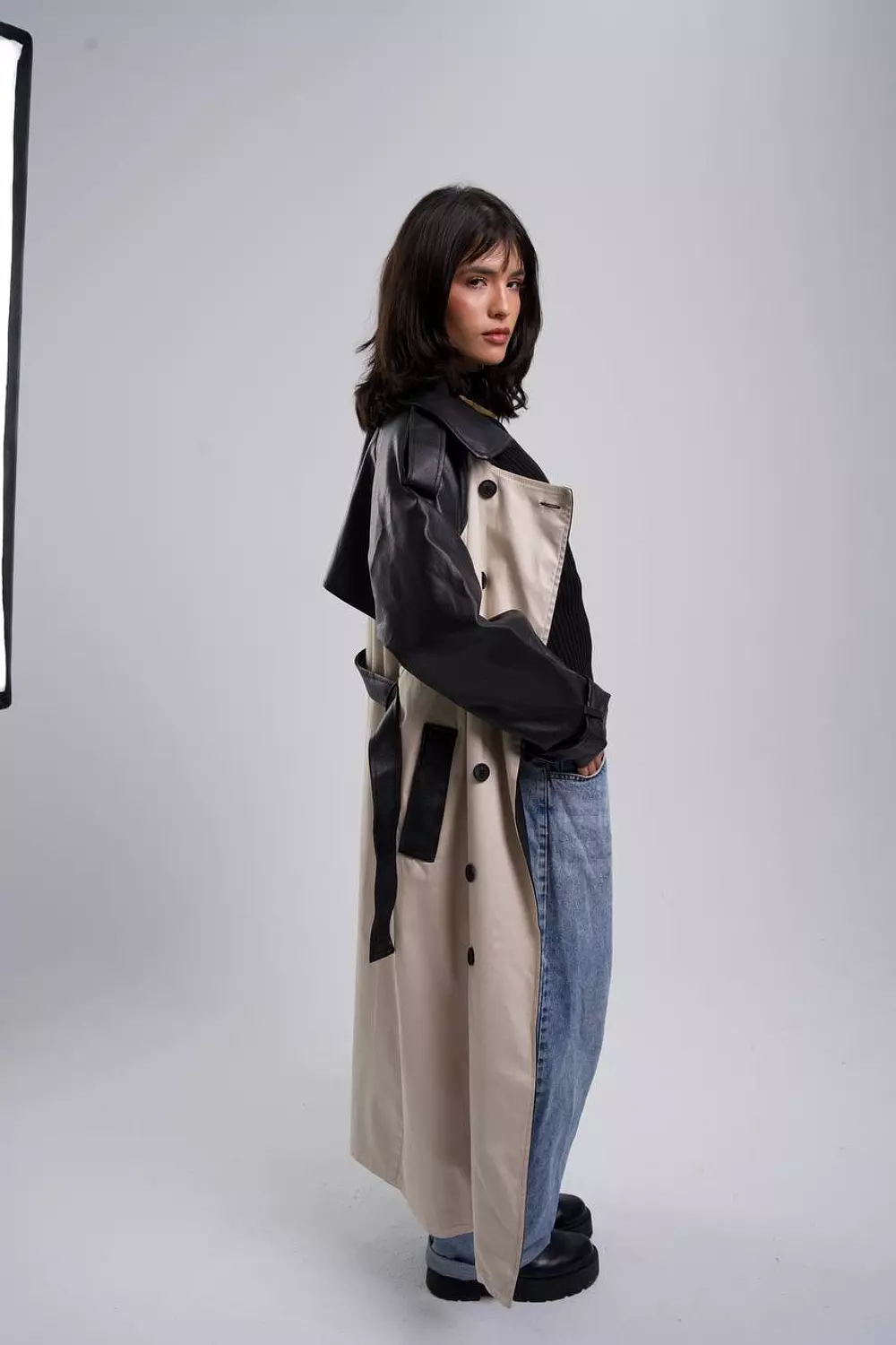 Leather*Gabardine Trench coat  3