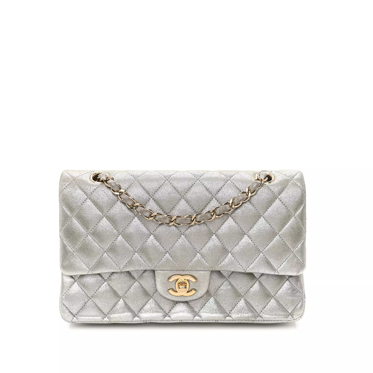 Chanel Iridescent Calfskin Medium Double Flap bag in silver.  image