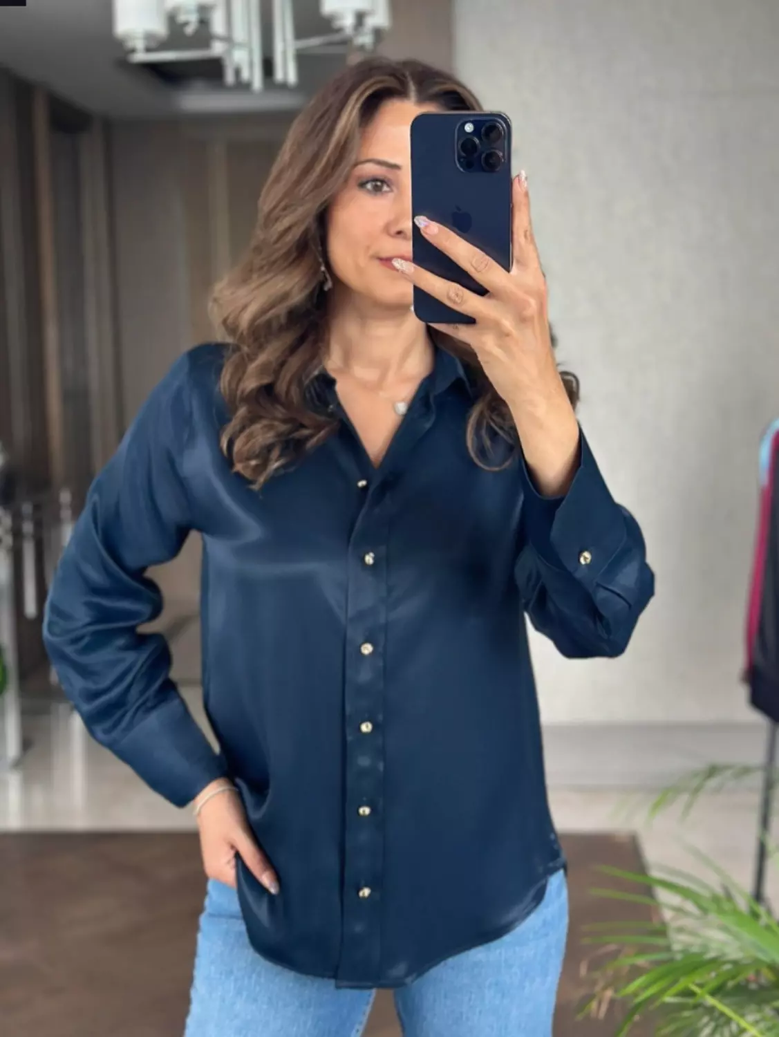 Navy Satin shirt with gold buttons  image