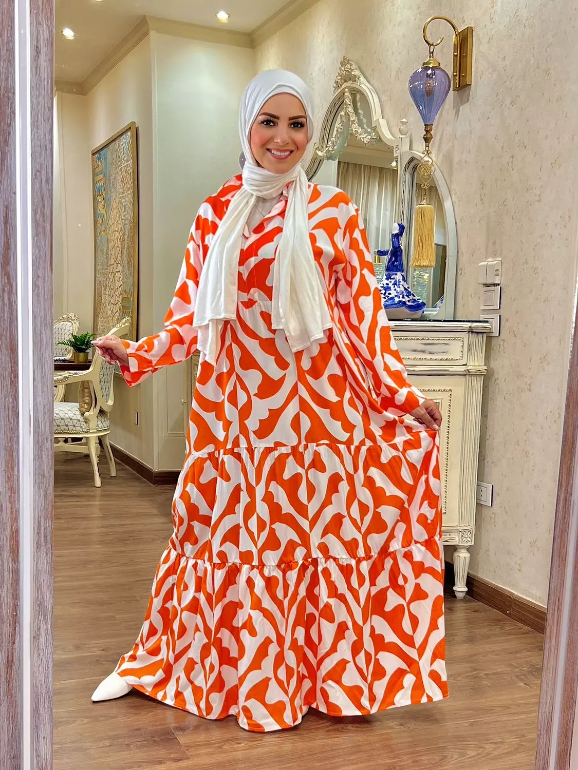 Long Sleeve Over Sized Printed Dress - Orange