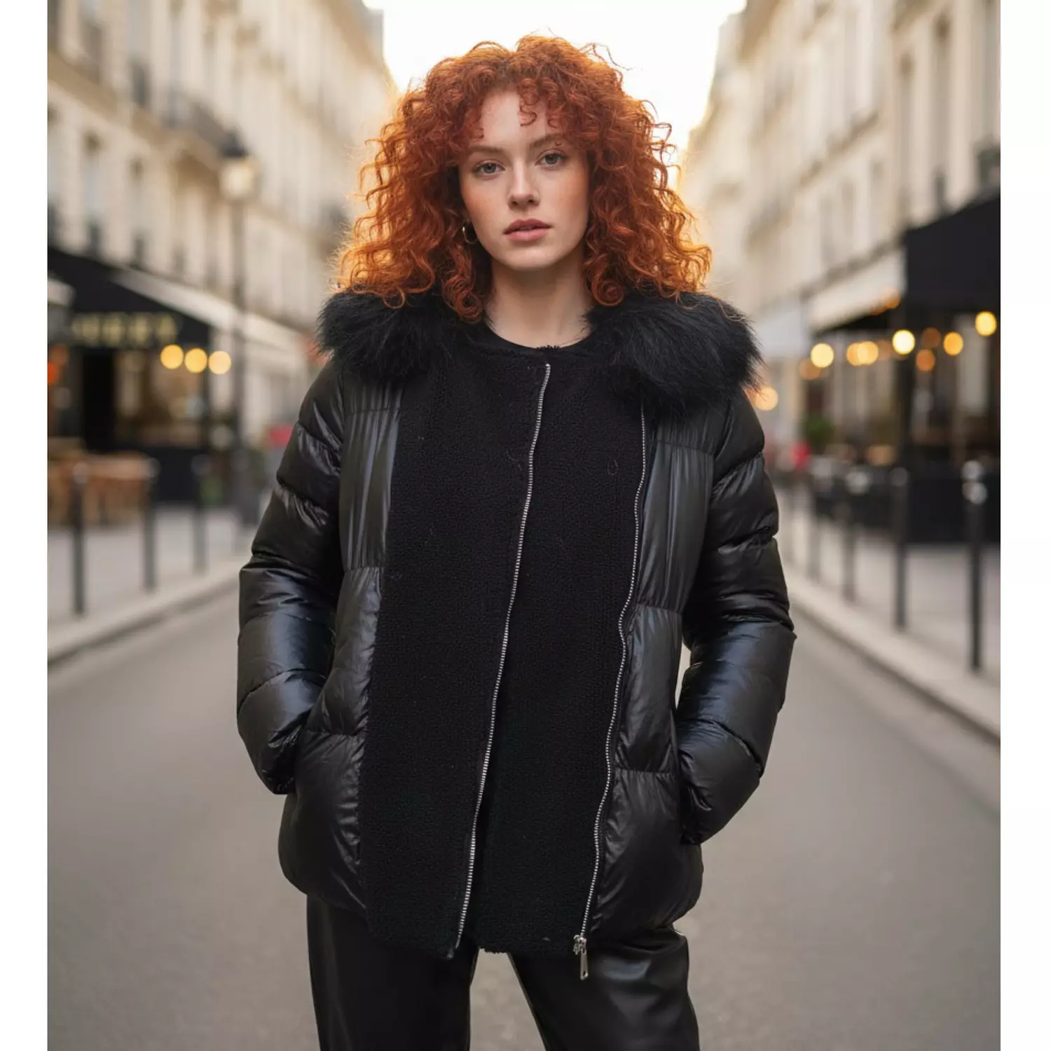 Faux-Fur Collar Mixed-Texture Puffer Jacket image