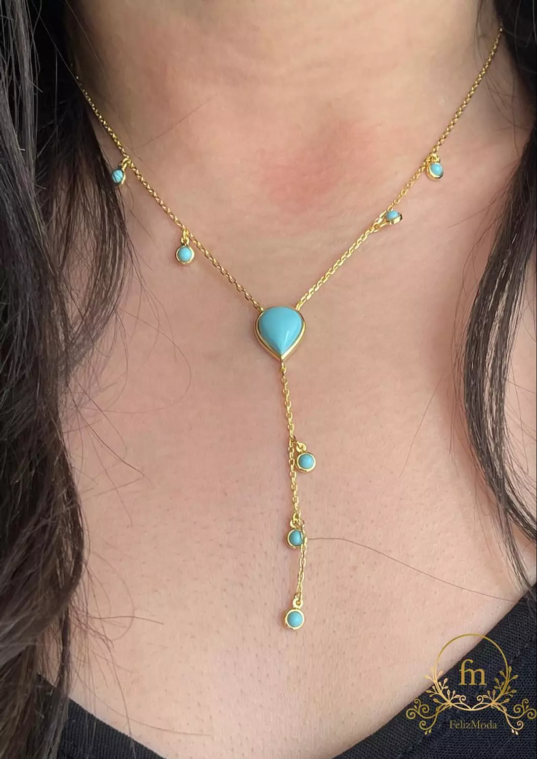 Dangling Fayrouz round stones with main tear stone necklace gold plated image