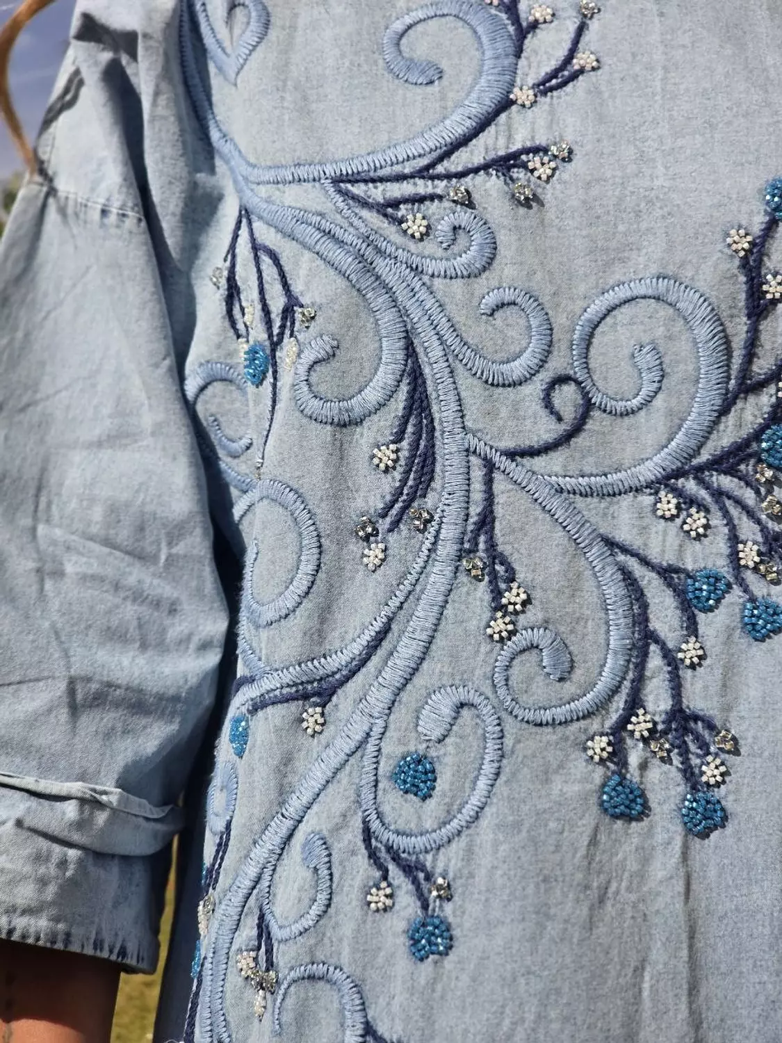 Light blue floral sequin embroidered denim dress with side tie  hover image