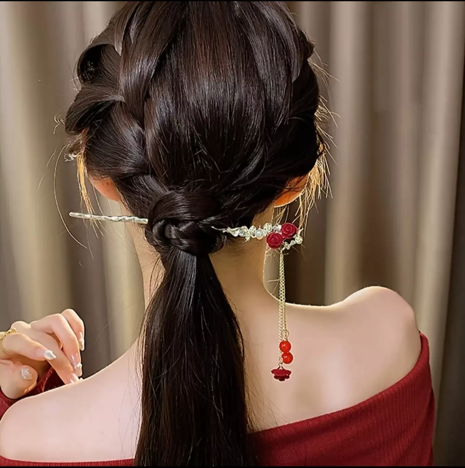 Chinese Red Rose Hairpin hover image
