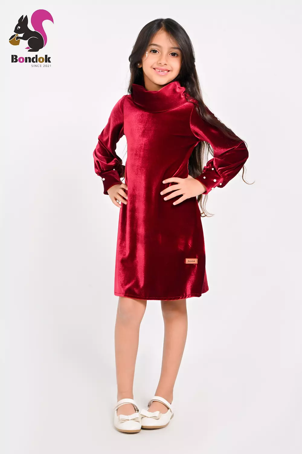 Pearl Slim Dress for Girls, Velvet Long Sleeve (RED, BLACK, EMERALD GREEN, NAVY BLUE AND DEEP FUCHSIA) 17