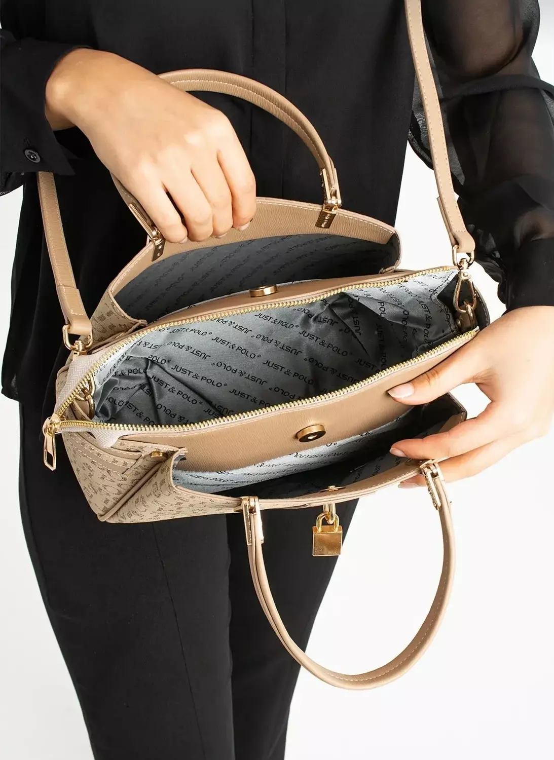 Beige Monogram Handbag with Gold Accents  2