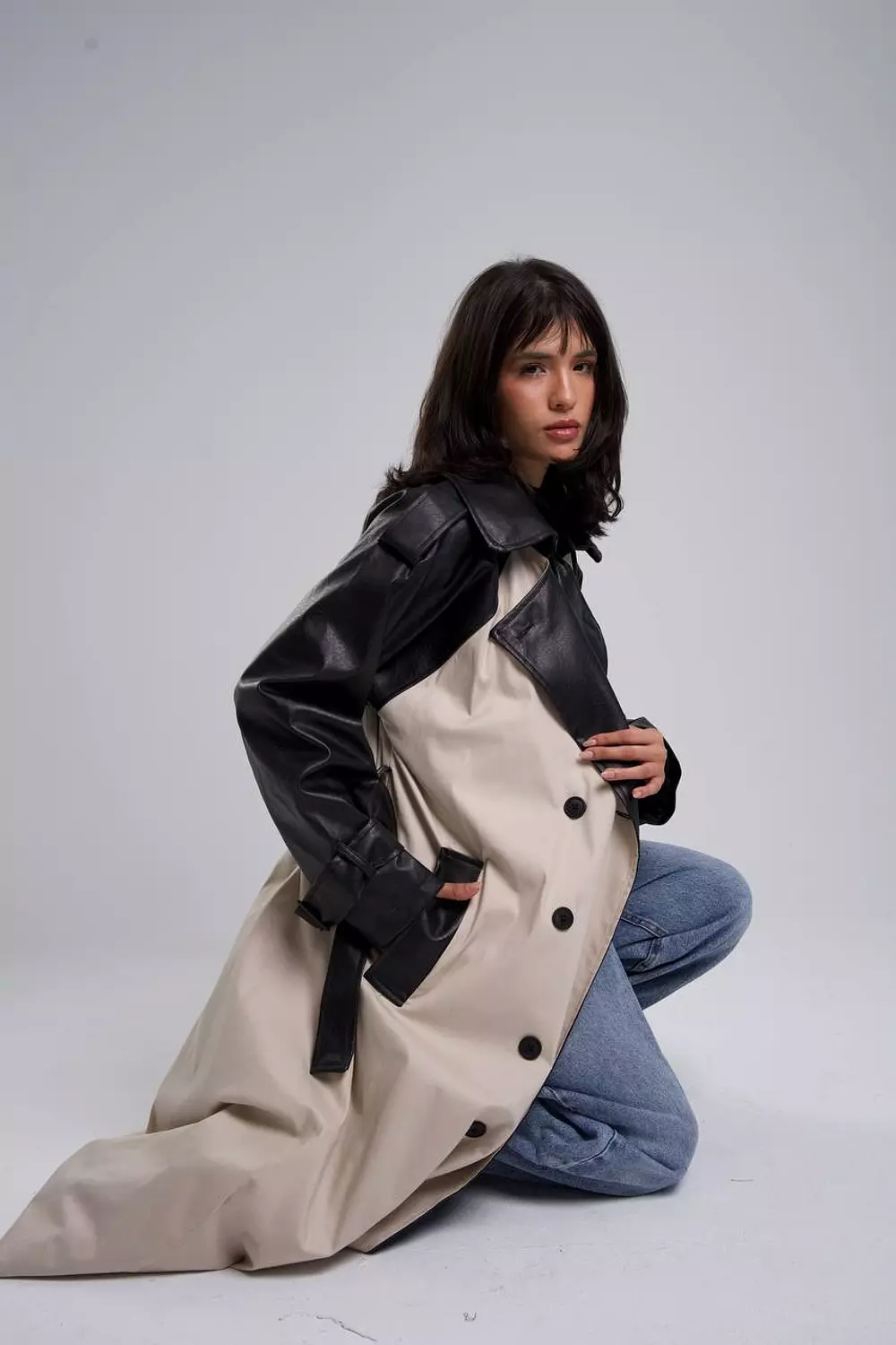 Leather*Gabardine Trench coat  7