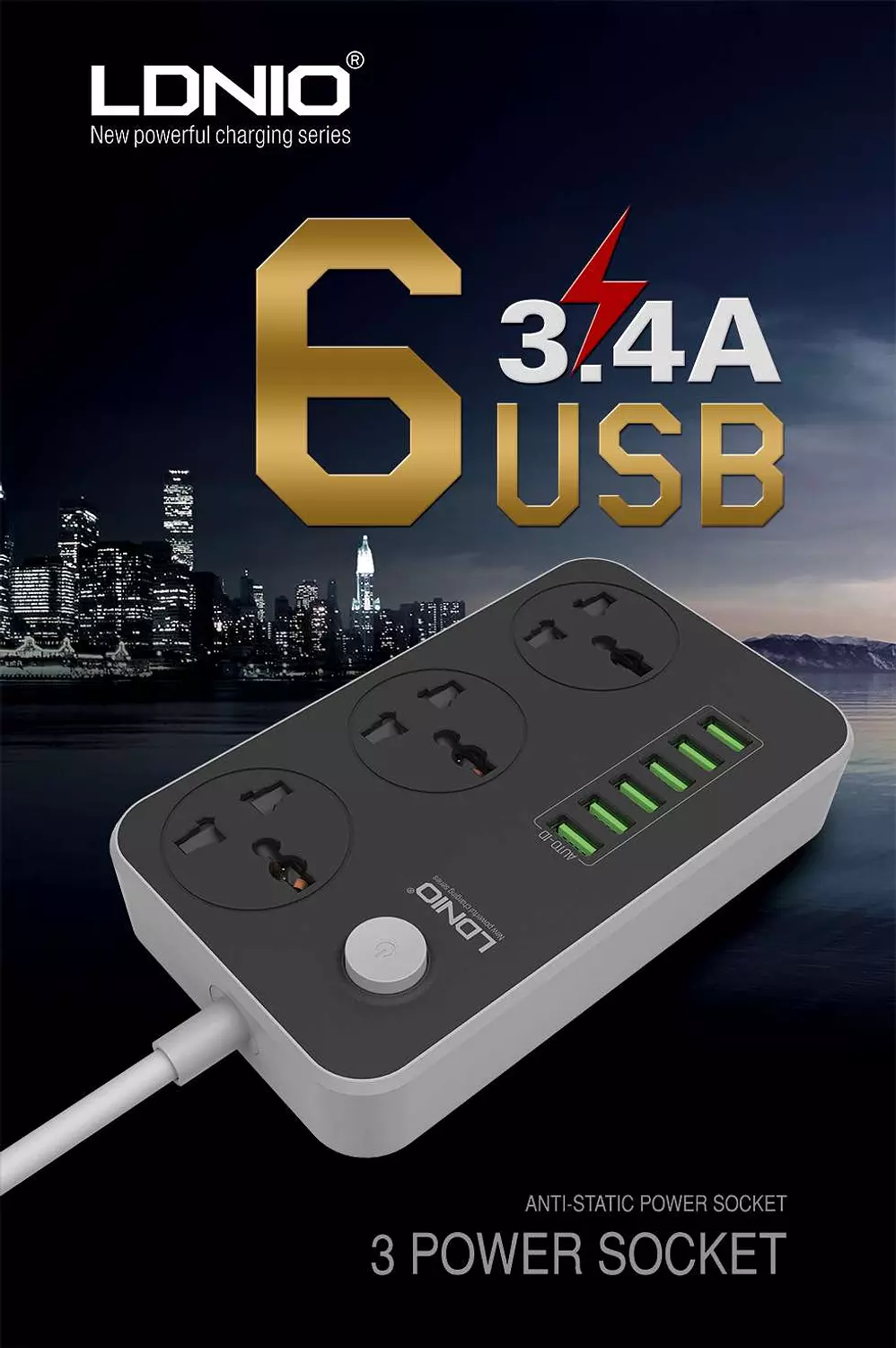 LDNIO SC3604 Power Strip 2500W with 6 Smart USB Ports 3