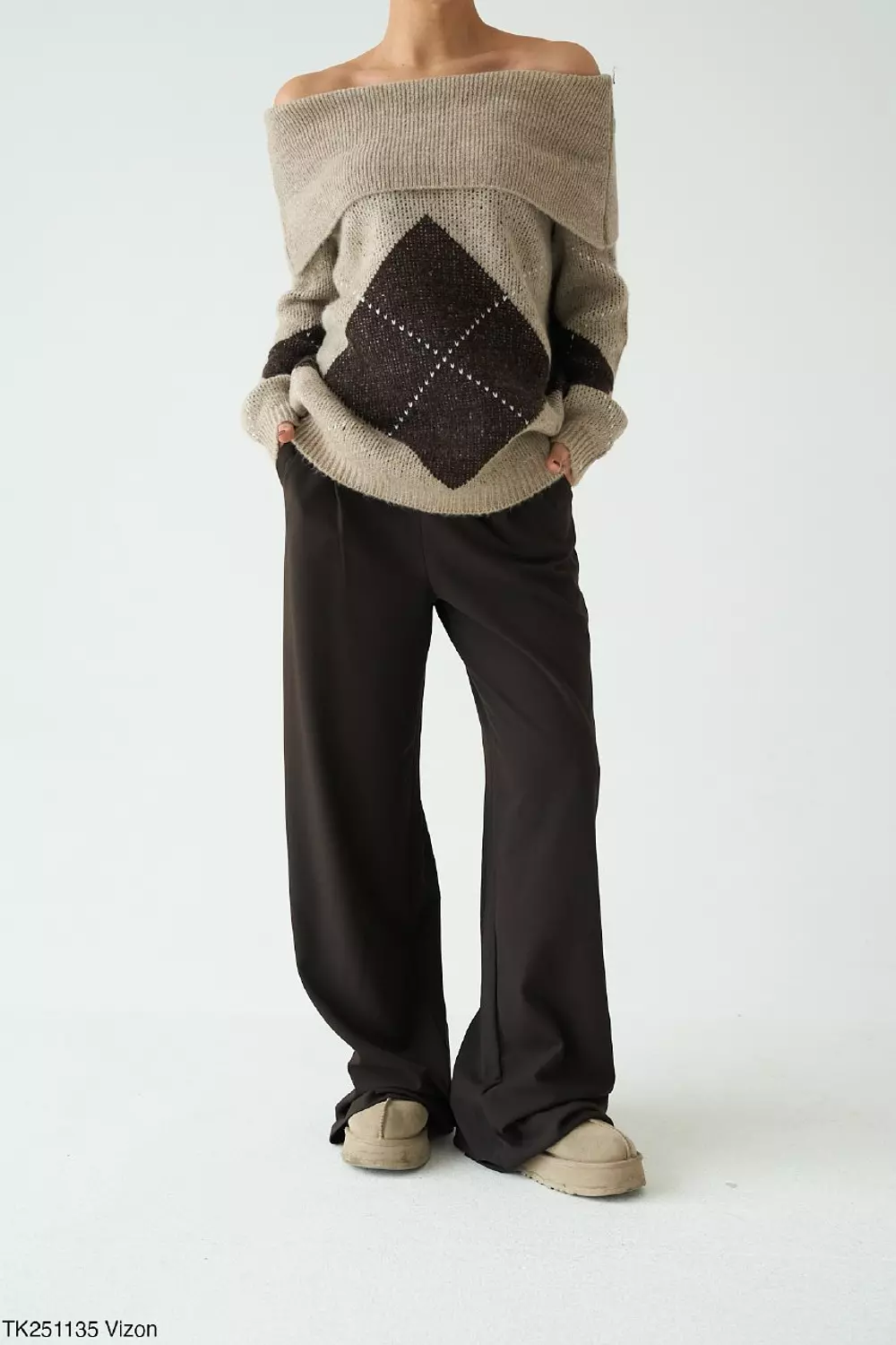 Brown Argyle Off Shoulder Pullover  2