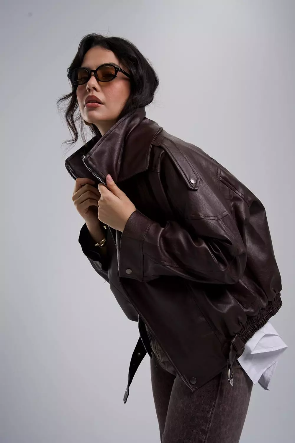 Zipper Collar Leather Bomber  6