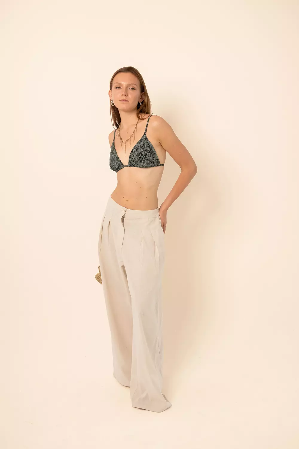 Linen Blend Darted Trousers - beige 3