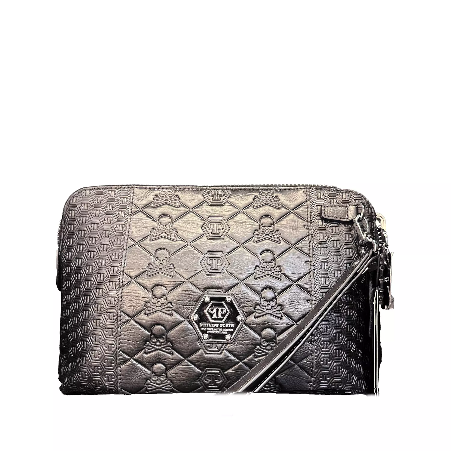 Philipp Plein clutch bag featuring a prominent metallic hexagon logo hover image