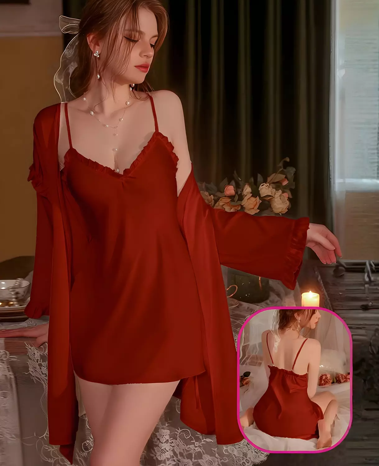  2-Piece Ruffled Satin Chemise & Robe 2