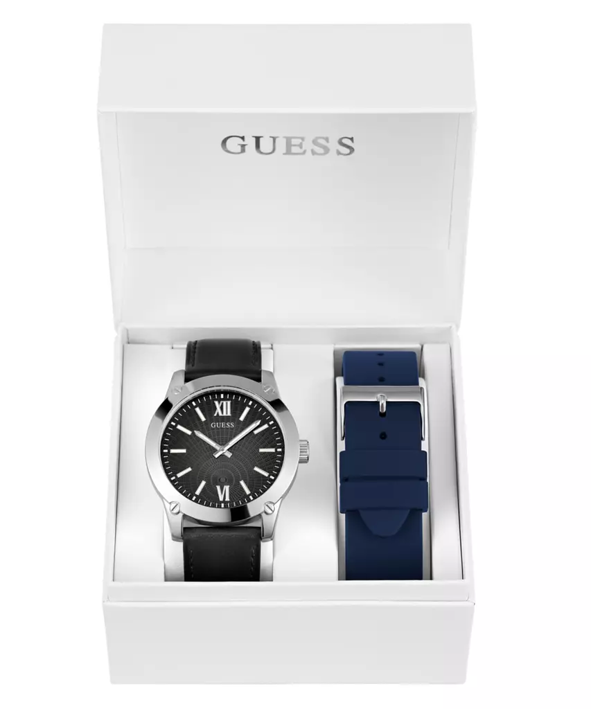 GUESS GW0630G1 Men's WatchSilver Tone Genuine Leather & Silicone Strap