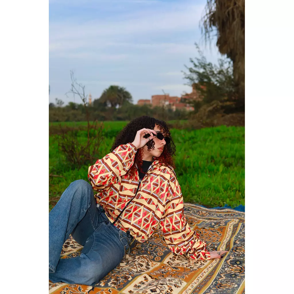 Hooded Cropped Ethnic Ochre & Orange Patterned Bomber Jacket