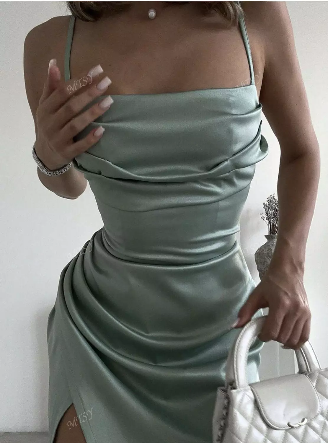 Women Solid Color Ruffle Collar High Slit Pleated Side hover image